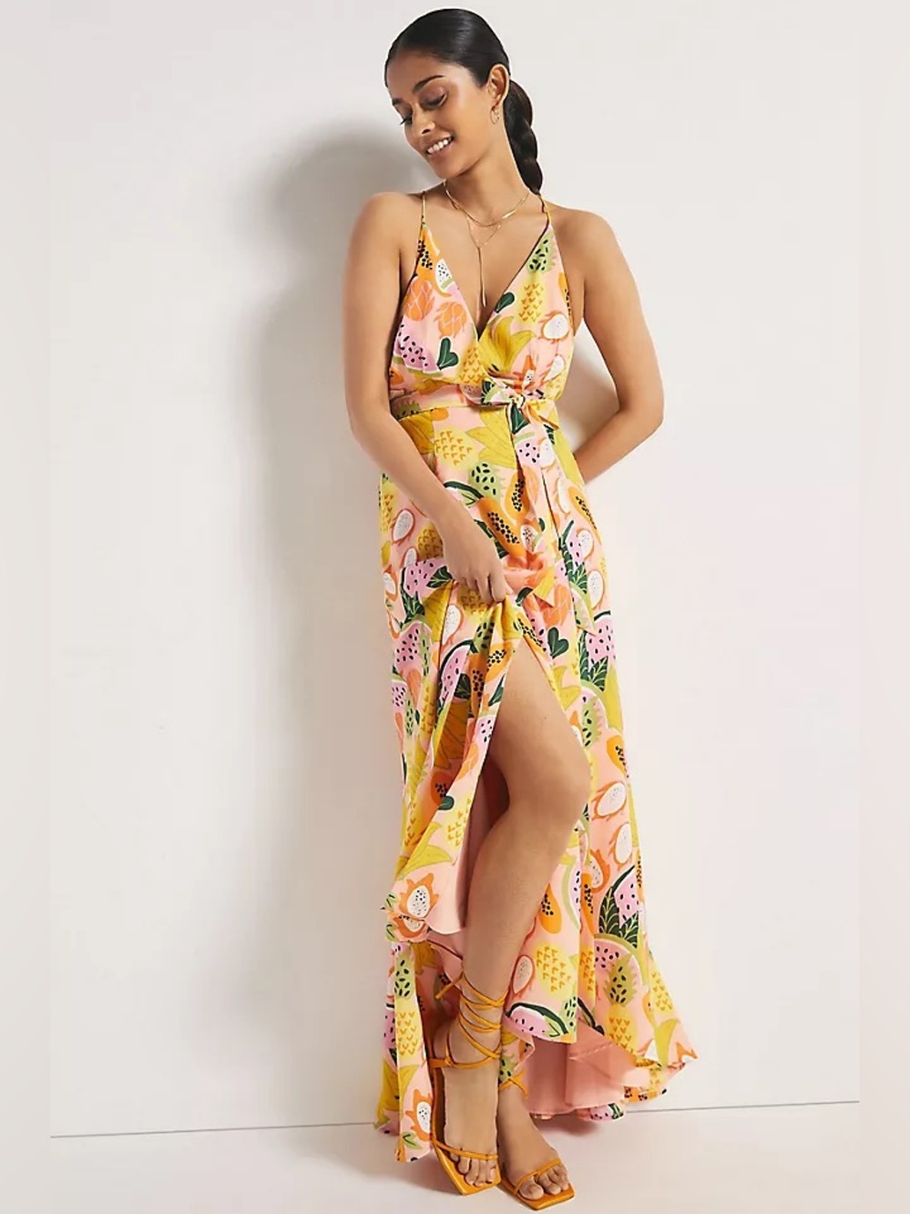 Hutch High-Low Wrap Yellow Tropical Print Maxi Dress Small